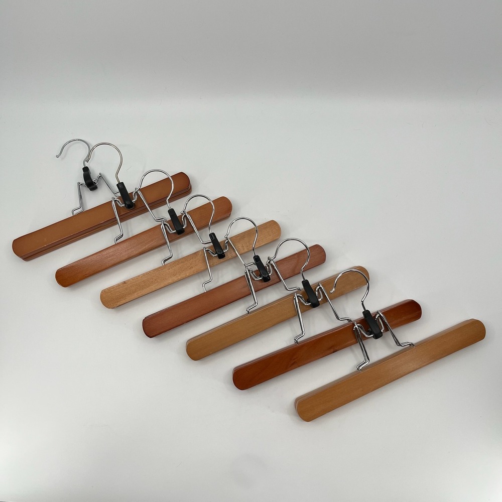 Wood Hangers SET of 7 Brown Felt Lined Clamp Style Pants Skirt Closet Storage